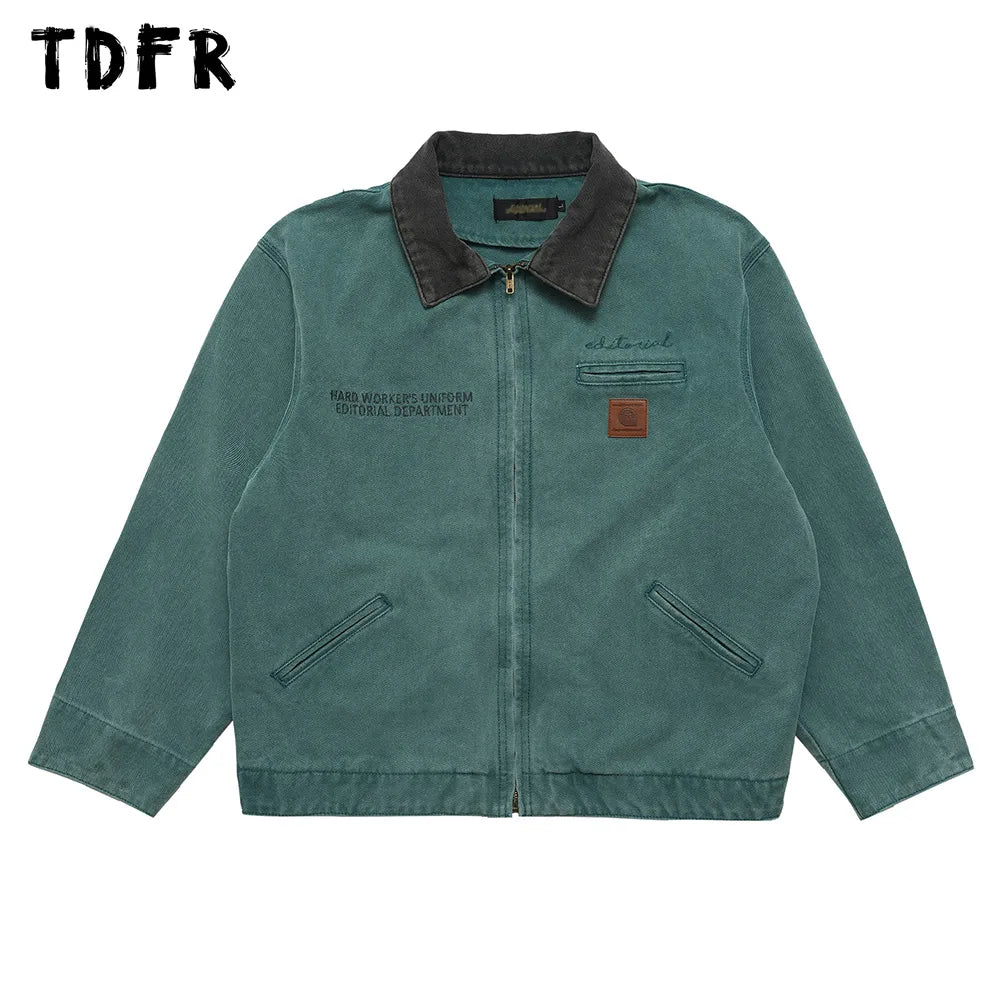 Everyday Jackets Letter Embroidery Cargo Jacket Mens Retro Casual Loose Lapel Spliced Outerwear