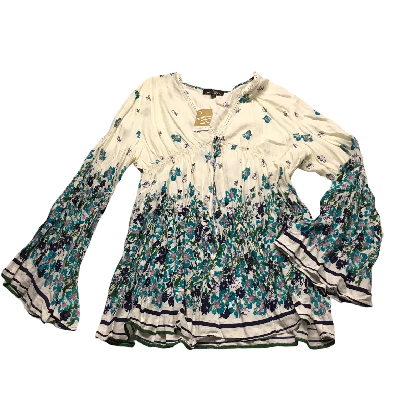 Comfort Tops Top Long Sleeve By Suzanne Betro In Blue & Cream, Size: 2x