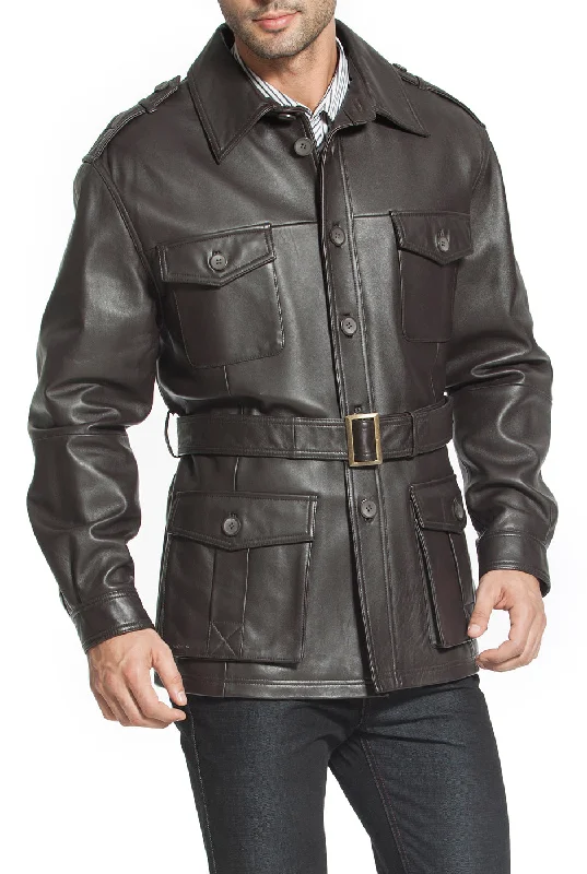 Warm Layers BGSD Men Charles Military Style Lambskin Leather Trench Coat