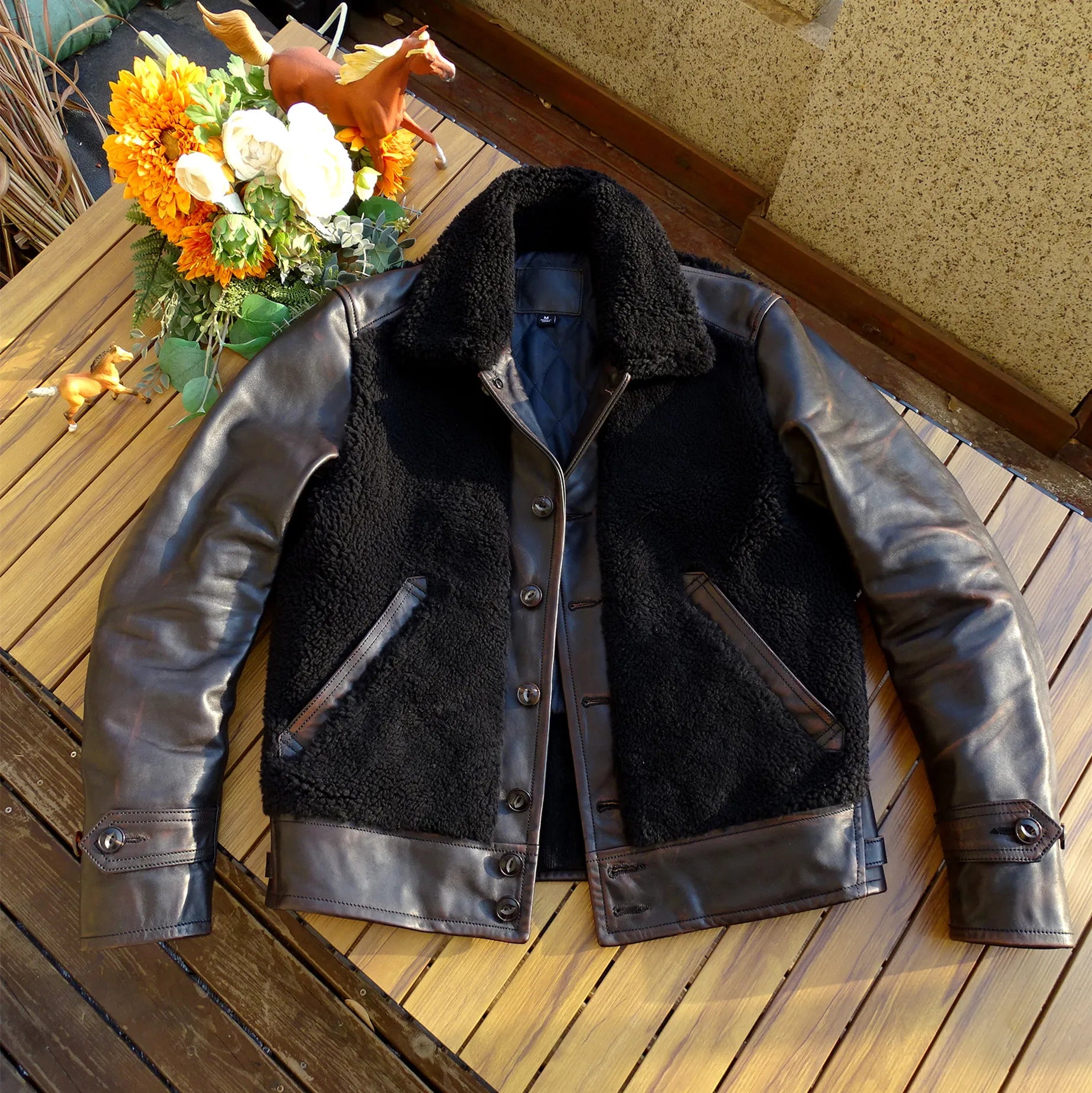 Fashion Sweaters Men's Genuine Leather Jacket with Horsehide Shearling Patchwork - Safari Style