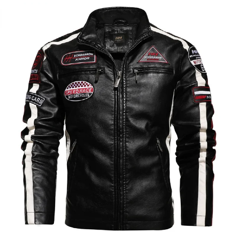 Summer Outfits Men's Vintage Motorcycle Embroidered Faux Leather Jacket