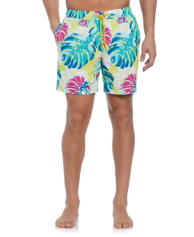 Trendy Layers Tropical Leaf Print Swim Short