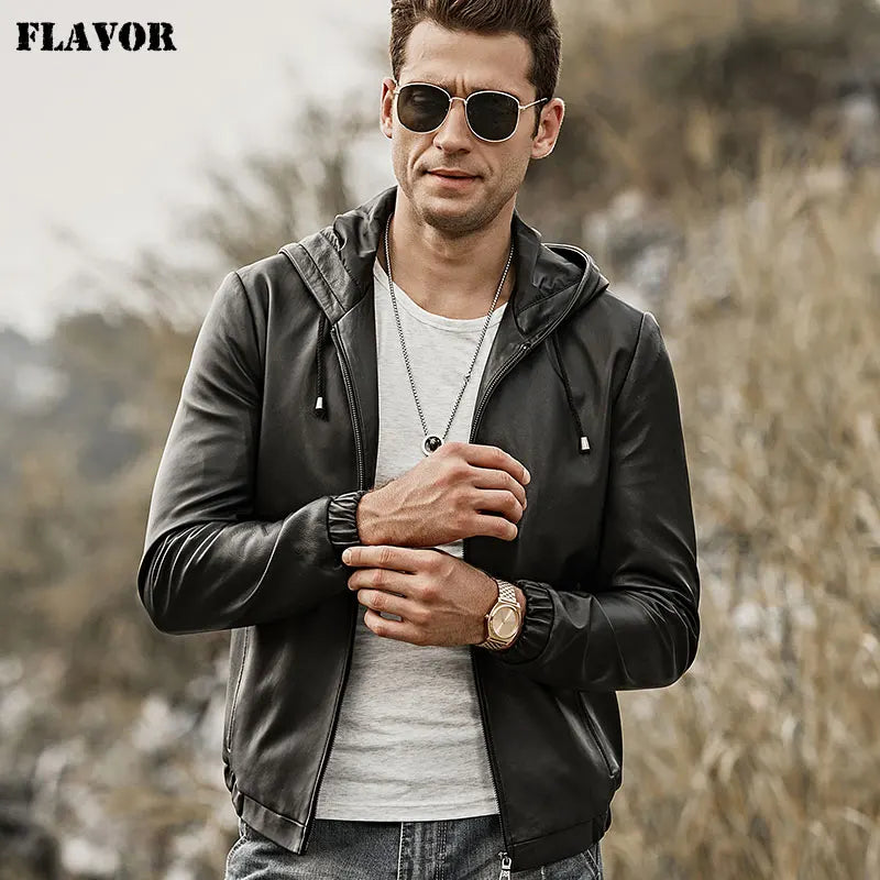 Smart Accessories Men's Genuine Leather Jacket with Hood