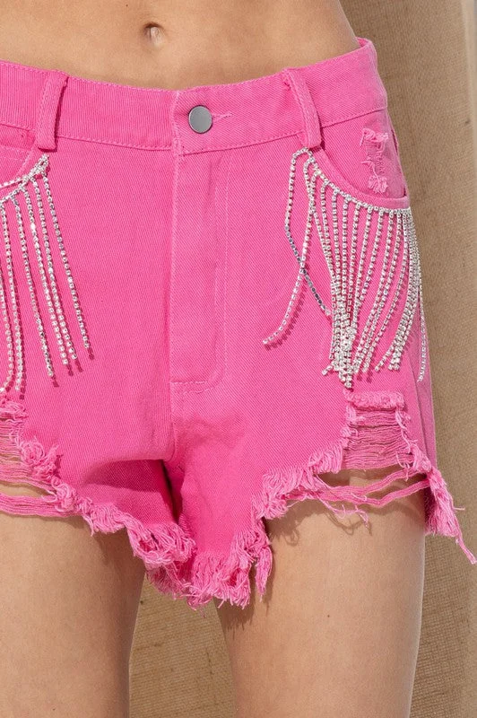 Classic Shorts PINK FRINGE DENIM SHORTS