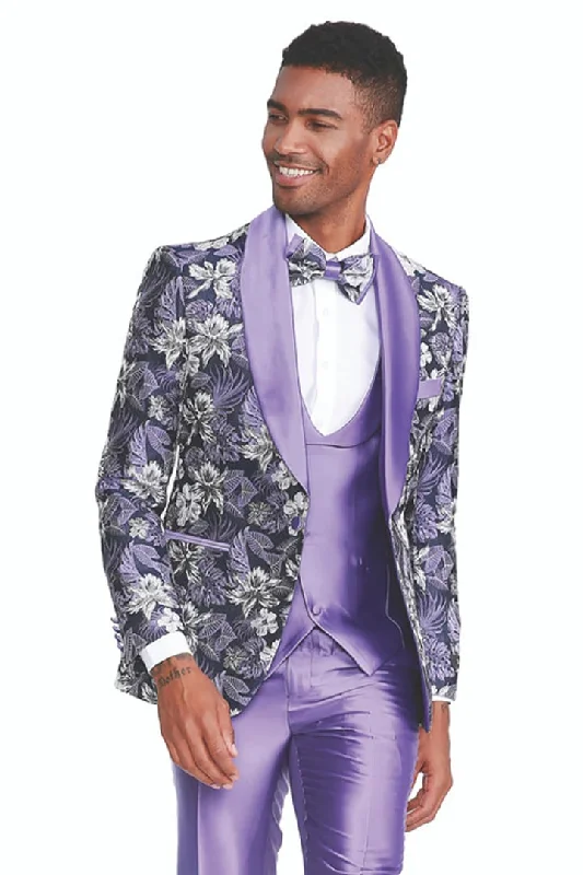 Urban Tops Men's Slim Fit One Button Vested Paisley Shawl Lapel Prom Tuxedo in Purple