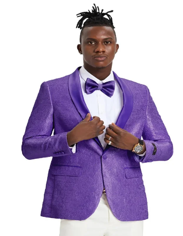 Street Styles Men's Slim Fit Wedding & Prom Tonal Paisley Tuxedo Jacket in Purple