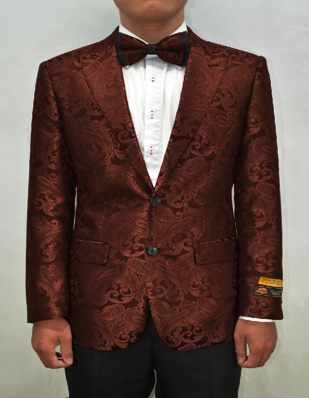 Relaxed Jeans Mens Paisley Blazer - Floral Pattern Rust Copper Color and Black Mix - Light Brown Color Tuxedo Dinner Jacket