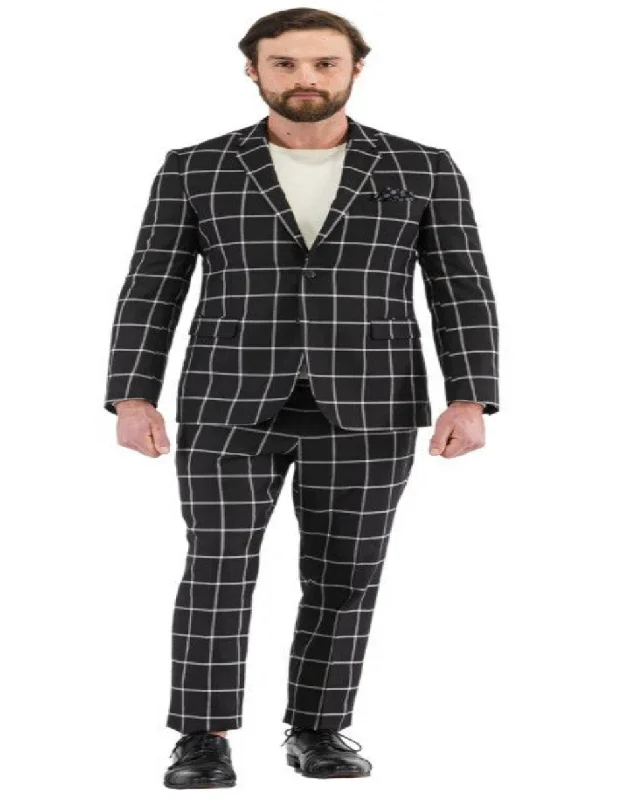 Stylish Casuals Mens Plaid Suits - Windowpane Pattern With Vest -Business Suit Black