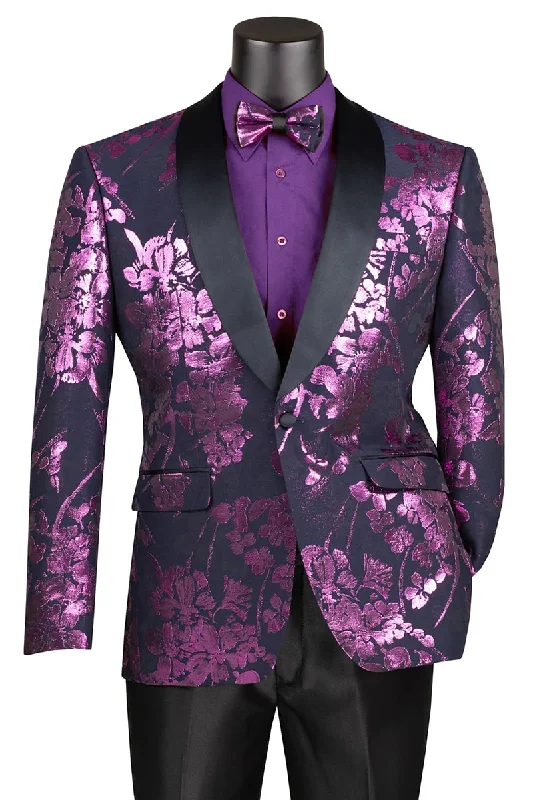 Sleek Outerwear Men's Shiny Foil Floral Paisley Prom & Wedding Tuxedo Jacket in Purple Lavender