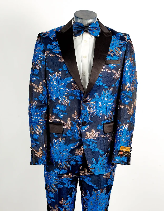 Street Style Pants Mens 2 Button Royal Blue and Gold Foil Paisley Tuxedo Tuxedo