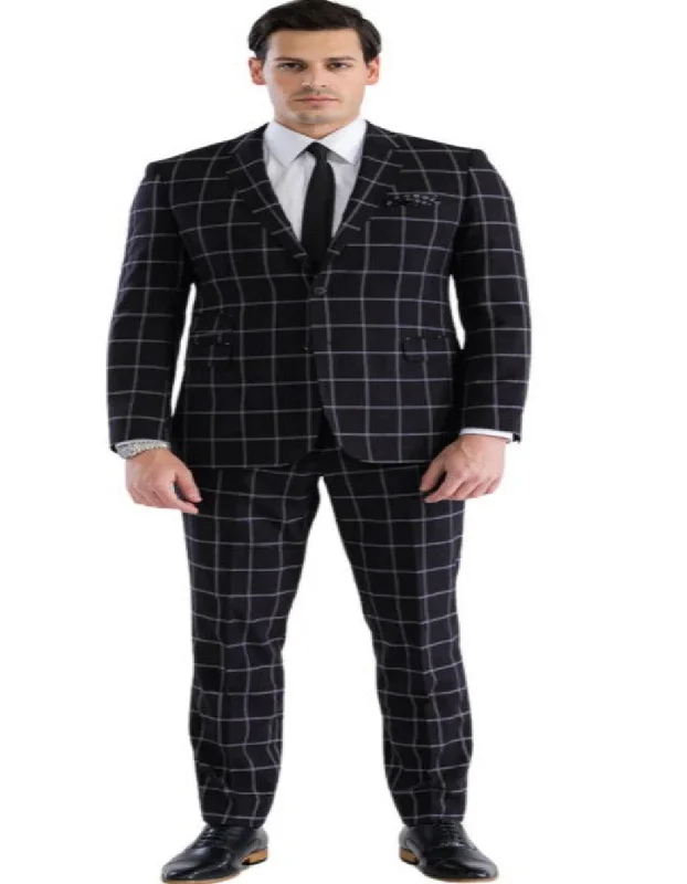 Smart Layers Mens Plaid Suit - Windowpane Pattern With Vest - Business Suit Black