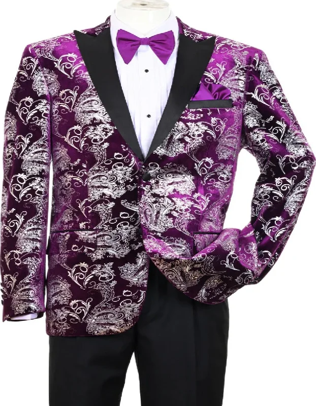 Fashionable Hoodies Men's Modern Fit Velvet Floral Paisley Foil Tuxedo Jacket in Purple & Silver