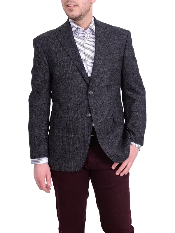 Modern Jackets I Uomo Men's Regular Fit Charcoal Gray Blue Plaid 100% Wool Flannel Sportcoat