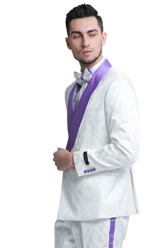 Comfort Tops Men's Slim Fit Double Breasted Paisley Smoking Jacket Prom & Wedding Tuxedo in White & Purple