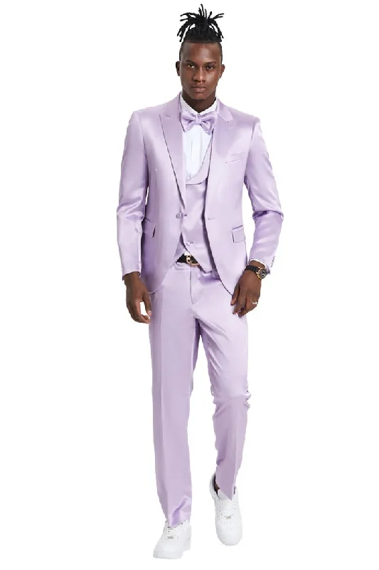 Cool Outerwear Men's One Button Vested Shiny Satin Sharkskin Prom & Wedding Lavender Party Suit Lavender Prom Tuxedos