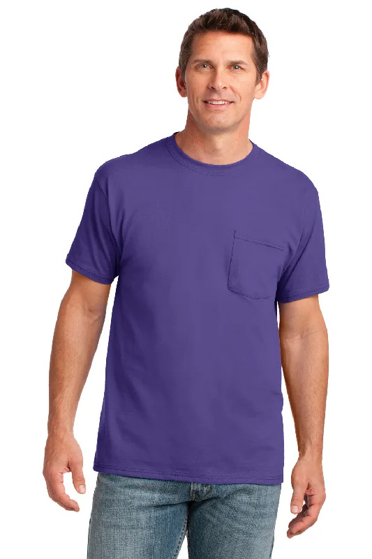 Easy Styles Port & Company Mens Core Short Sleeve Crewneck T-Shirt w/ Pocket - Purple - Closeout