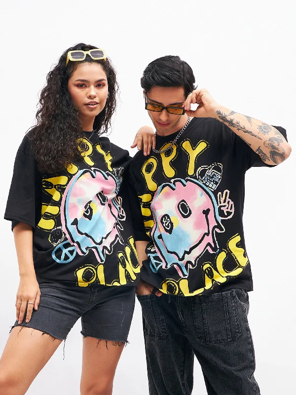 Everyday Footwear Unisex Black HAPPY PLACE Oversized T-Shirt