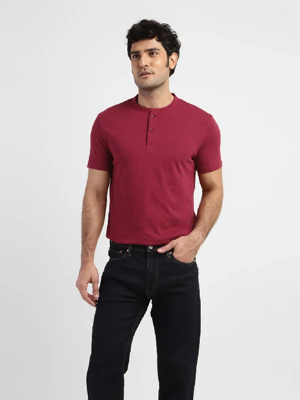 Casual Sneakers Men's Self Design Henley T-shirt Red