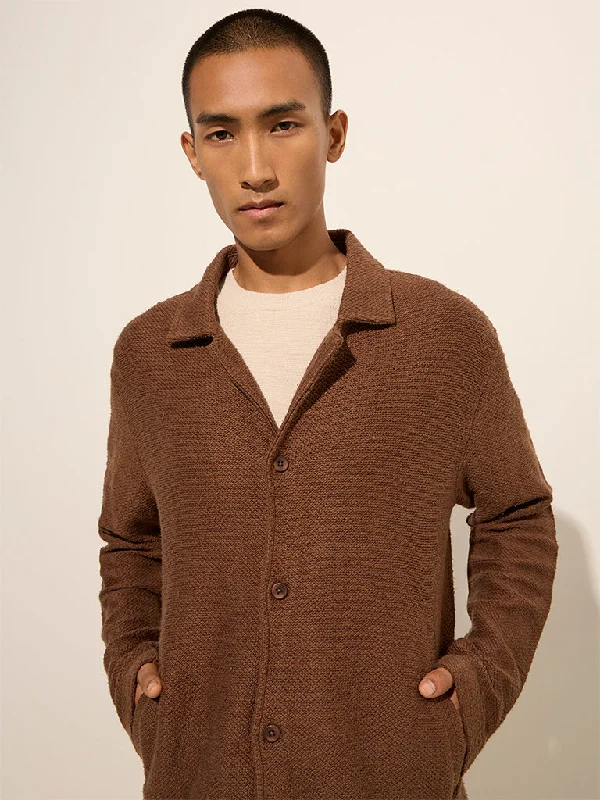 Stylish Footwear ETA Dark Brown Knit-Textured Relaxed-Fit Cotton Jacket