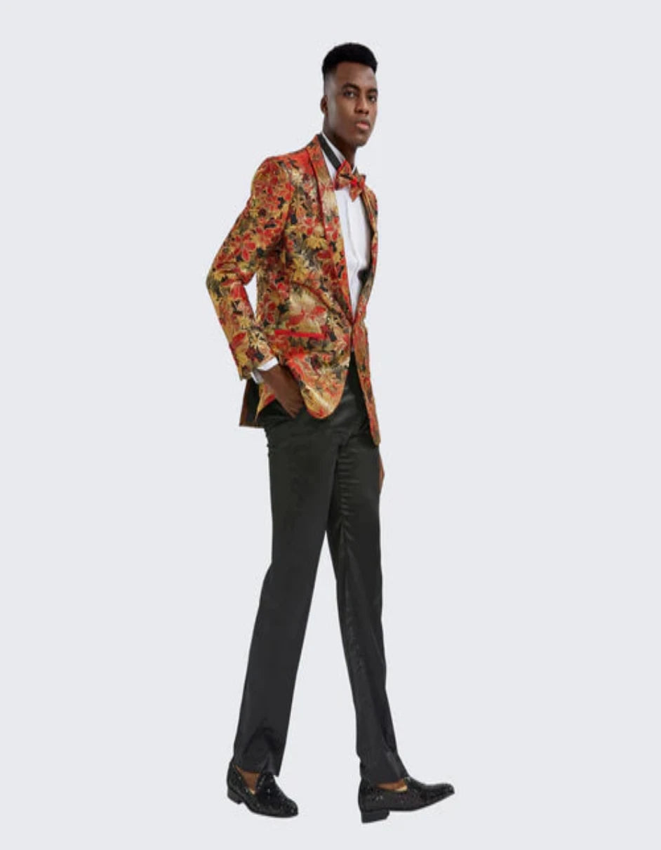 Sporty Hoodies Red & Gold Floral Tuxedo Jacket Slim Fit