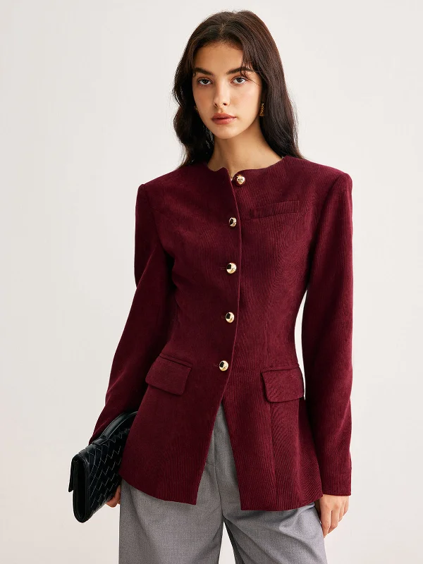 Relaxed Tops Round Neck Button Corduroy Blazer