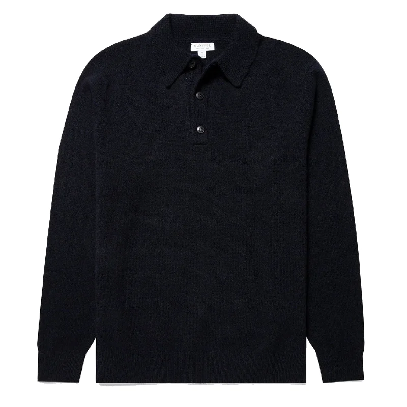 Warm Layers Sunspel Lambswool Polo Shirt Dark Navy Mouline