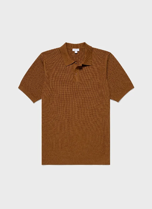 Simple Shirts Men's Linear Mesh Knit Polo Shirt in Golden Brown