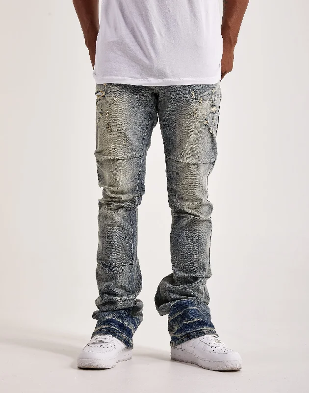 Trendy Pants Smoke Rise Pleated Overdyed Stacked Flare Jeans