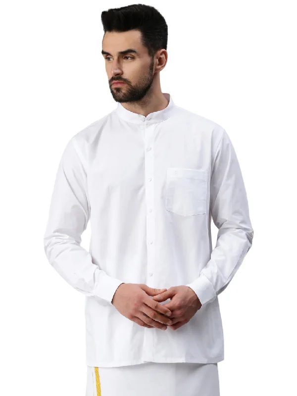 Comfort Tops Men 100% Cotton Full Sleeves White Shirt Chinese Collar