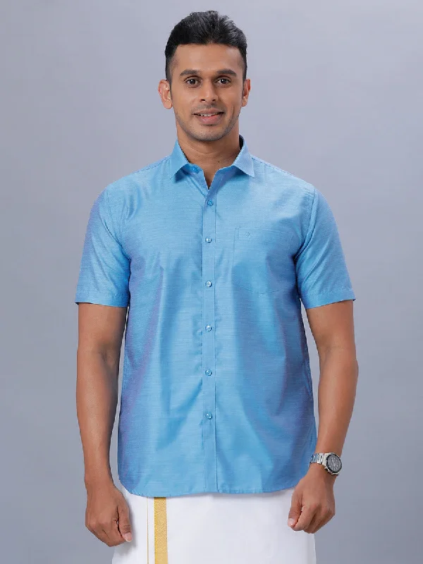 Comfort Tops Men Cotton Blend Half Sleeves Shirt Light Cyan T29 TE7