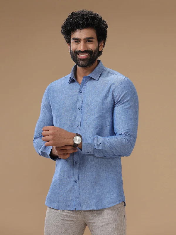 Classic Suits Men Pure Linen Shirt Blue - L82