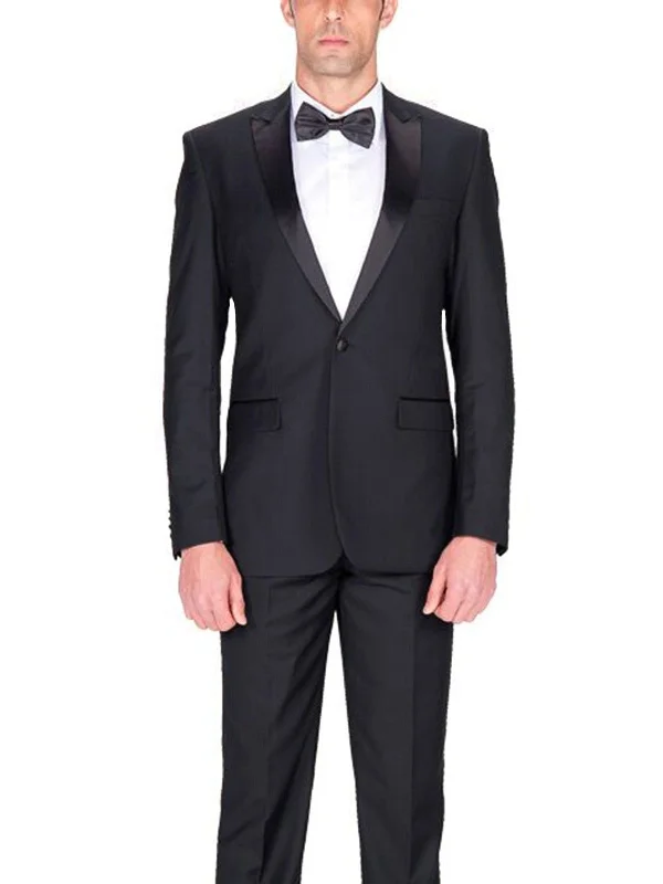 Comfortable Sweaters Braveman Slim Fit Solid Black One Button Tuxedo Tux Suit With Peak Lapels