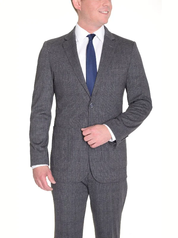 Sporty Looks Extra Slim Fit Gray Plaid Half Lined Stretch Suit With Patch Pockets