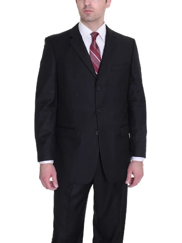 Casual Suits Men's Classic Fit Solid Black Three Button 2 Piece Pleated Pant Front Wool Suit