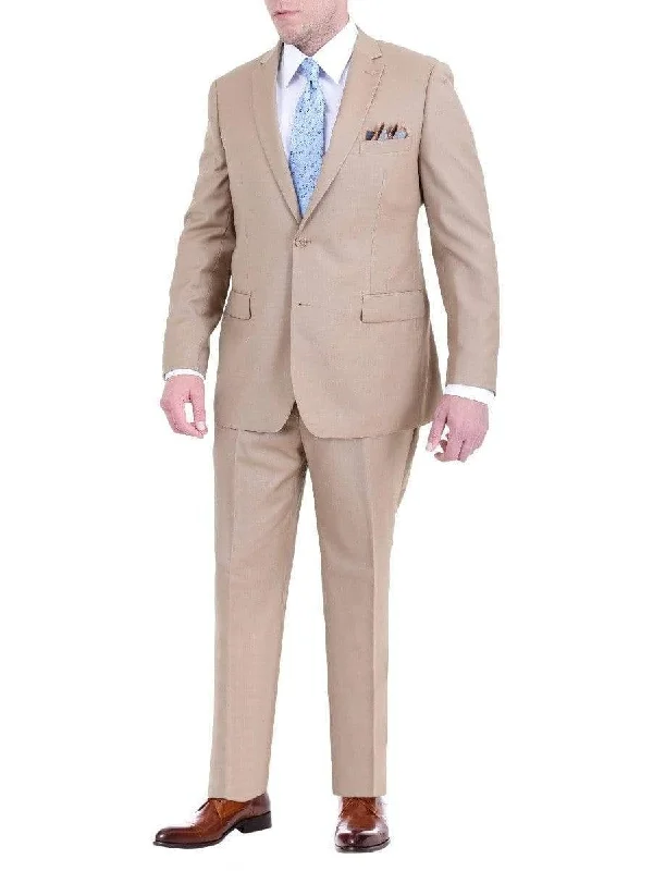 Comfy Shirts Men's Regular Fit Tan Light Brown Two Button 2 Piece 100% Wool Suit