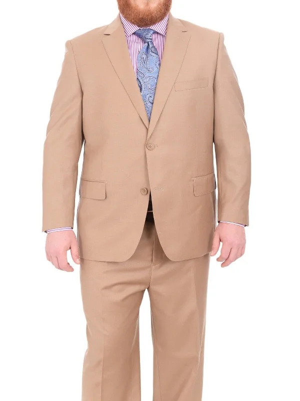 Premium Hoodies Men's Portly Executive Fit Tan Light Brown Two Button 2 Piece Wool Suit