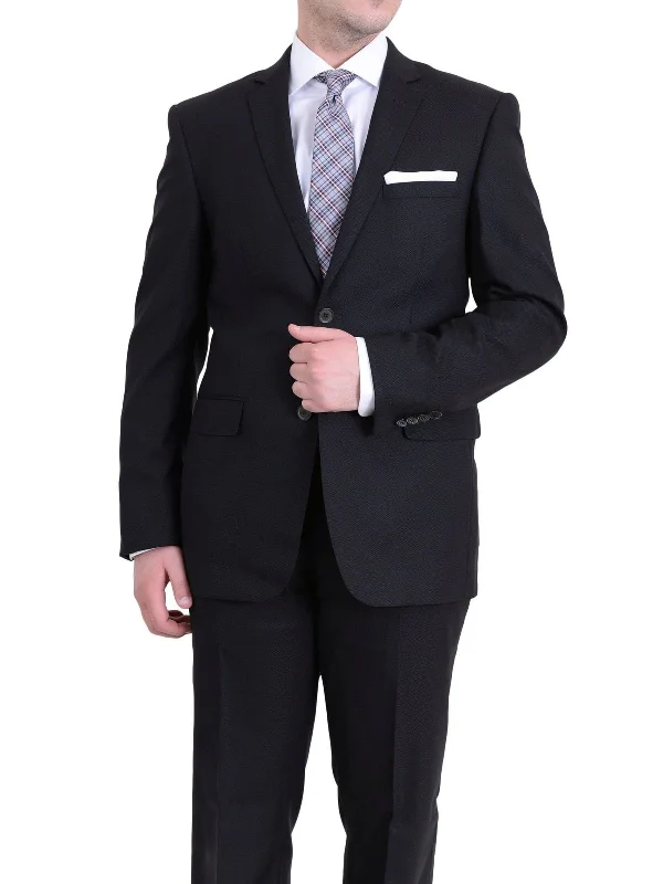 Premium Pants Men's Raphael Slim Fit Solid Black Textured Two Button Wool Touch 2 Piece Suit