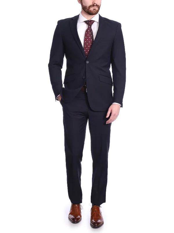 Practical Jackets Men's Raphael Slim Fit Solid Navy Blue Wool-touch Two Button 2 Piece Suit