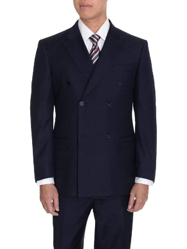 Casual Tops Men's Solid Navy Blue Double Breasted Modern Fit 2 Piece Flat Front Wool Suit