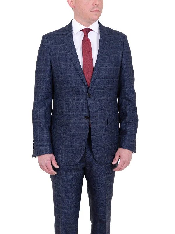 Smart Tops Mens Modern Fit Blue Plaid Two Button Wool Suit