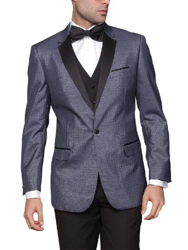 Urban Shirts Mens Modern Fit Blue Sharkskin Plaid Three Piece One ButtonTuxedo Tux Suit