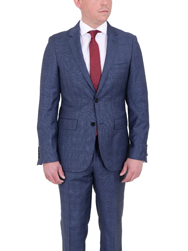 Cozy Outerwear Mens Modern Fit Medium Blue Plaid Two Button Wool Suit