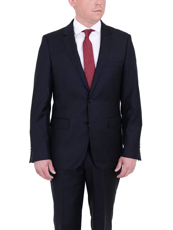 Athletic Pants Mens Modern Fit Navy Blue Tonal Check Two Button Wool Suit