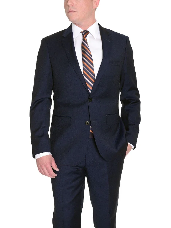 Warm Outerwear Mens Slim Fit Solid Navy Blue Two Button Wool Suit