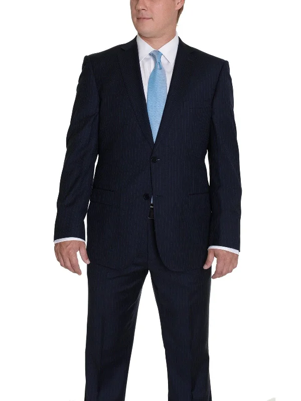 Stylish Shorts Modern Fit Navy Blue Pinstriped Two Button Wool Suit