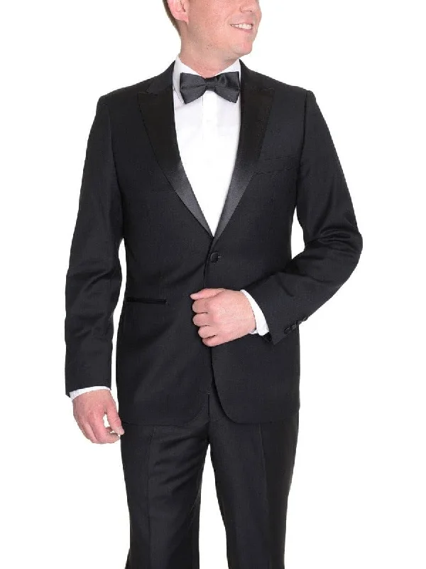 Modern Jackets Modern Fit Solid Black One Button Tuxedo Suit With Peak Lapels