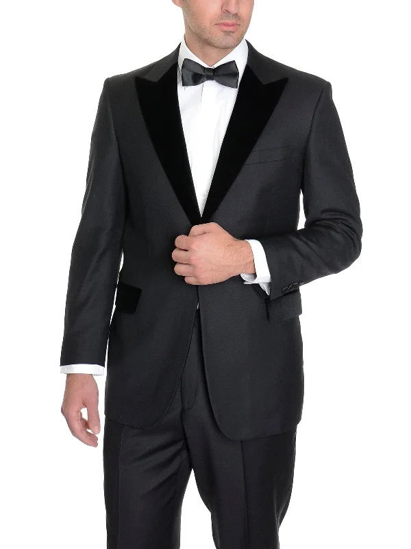 Street Style Pants Modern Fit Solid Black One Button Wool Blend Tuxedo Suit With Peak Lapels