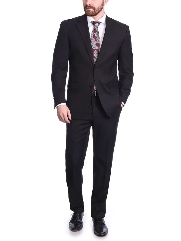 Basic Casuals Raphael Men's Regular Classic Fit Solid Black 2 Button Mens Wool-touch Suit