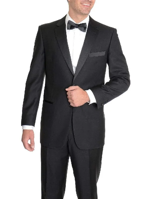 Weekend Wear Raphael Regular Fit Solid Black Two Button Wool Tuxedo Suit