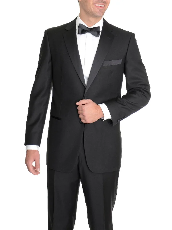 Street Styles Raphael Slim Fit Solid Black Tuxedo Suit With Satin Stripe On Pant